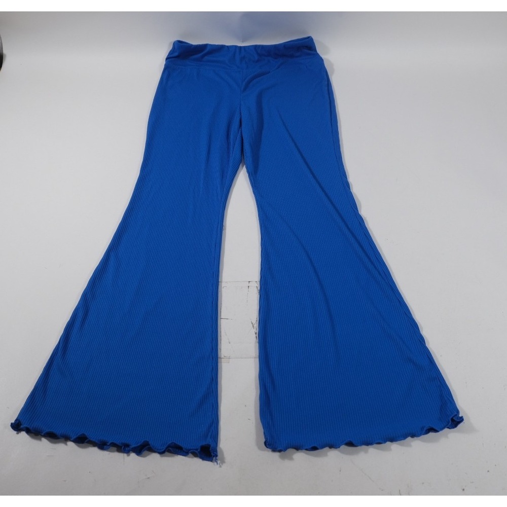 No Boundaries Flare Pants Womens L Blue Ribbed Knit Lettuce Hem High Rise